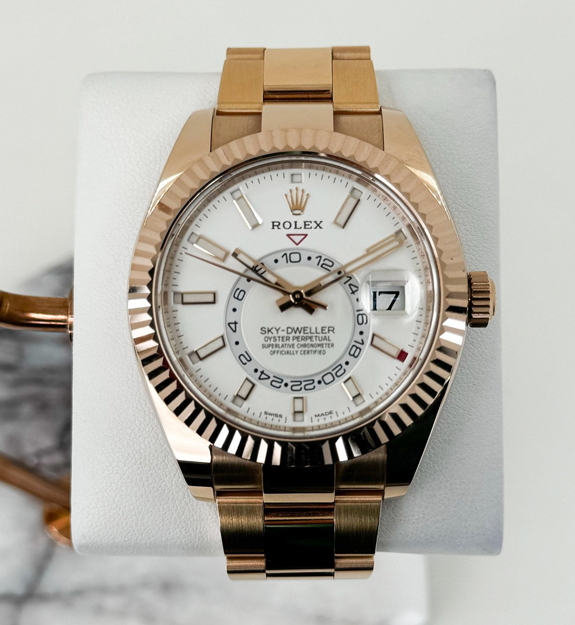 Rolex Sky-Dweller Rose Gold White Index Dial Fluted Bezel Oyster Bracelet 326935 - Luxury Time NYC